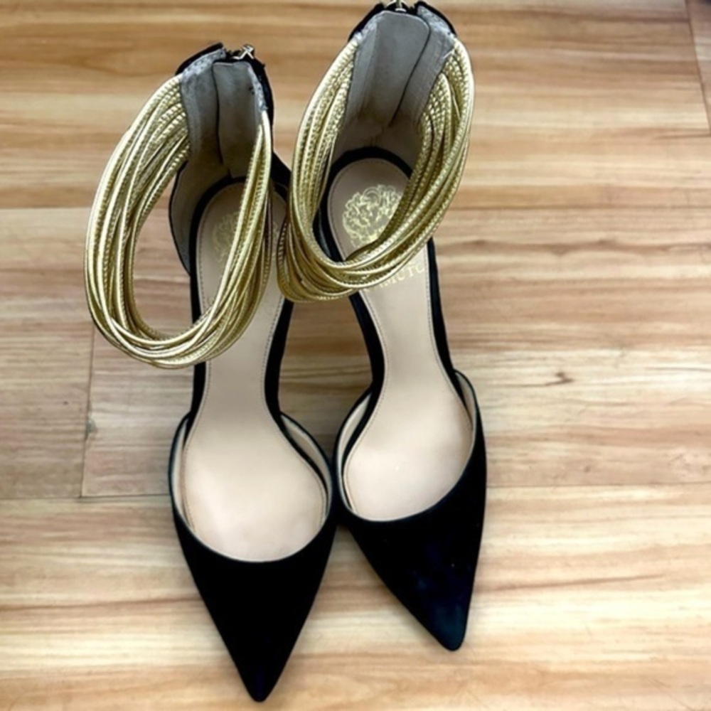 Vince Camuto gold ankle strap black suede pumps​